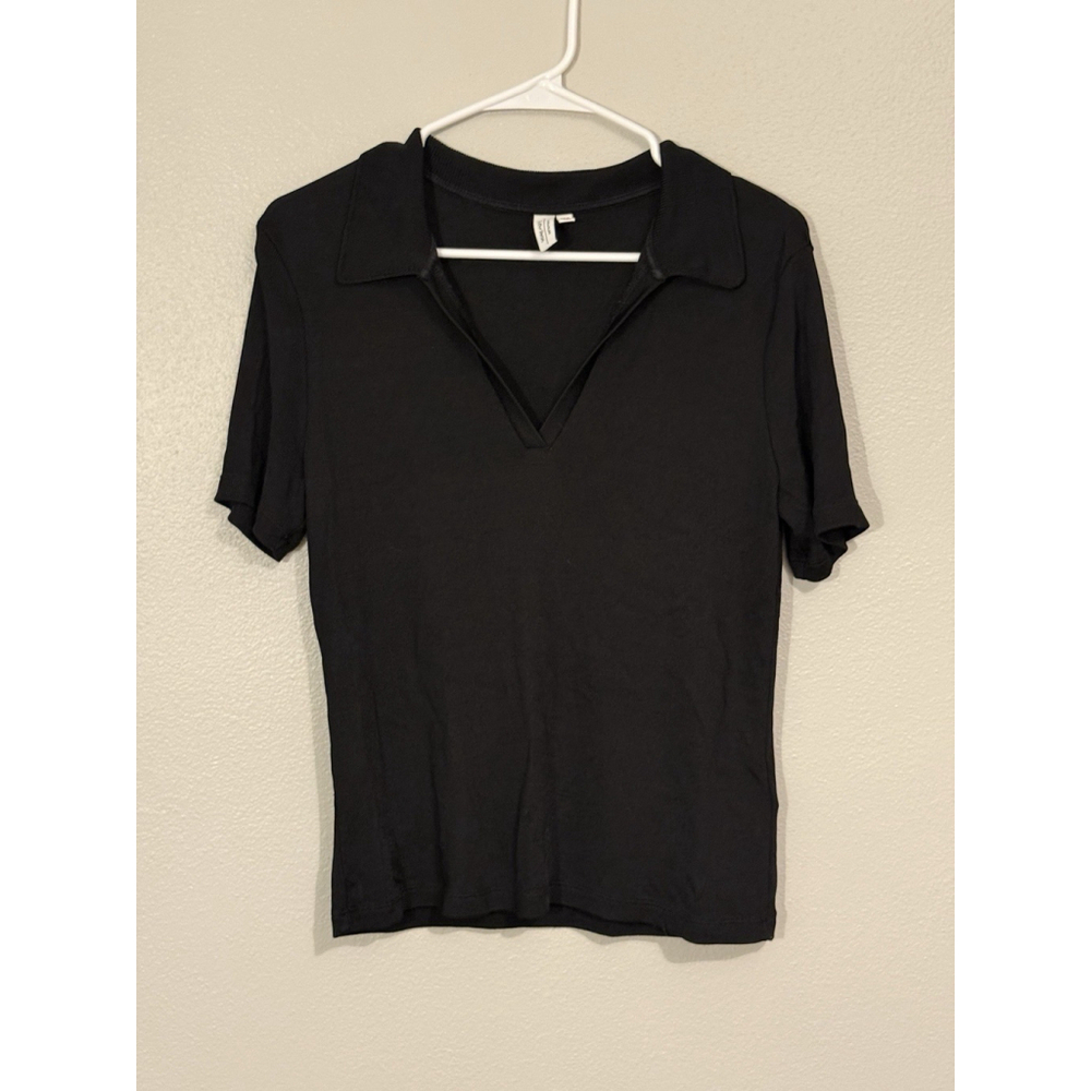 Paris Atelier & Other Stories Black V-neck Open Collar Knit Cropped Top Women 10